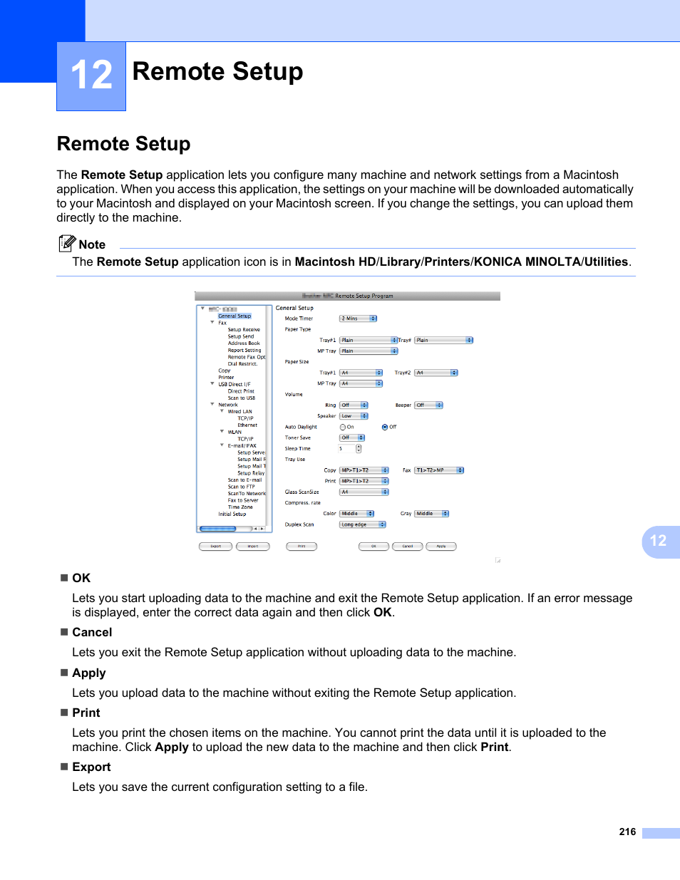 12 remote setup, Remote setup | Konica Minolta bizhub 20 User Manual | Page 224 / 227