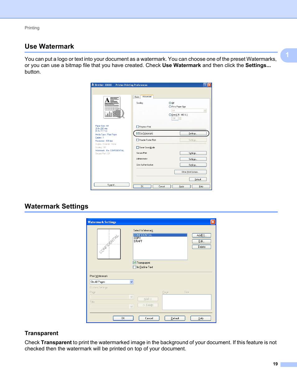 Use watermark, Watermark settings, Use watermark watermark settings | 1use watermark, Transparent | Konica Minolta bizhub 20 User Manual | Page 27 / 227