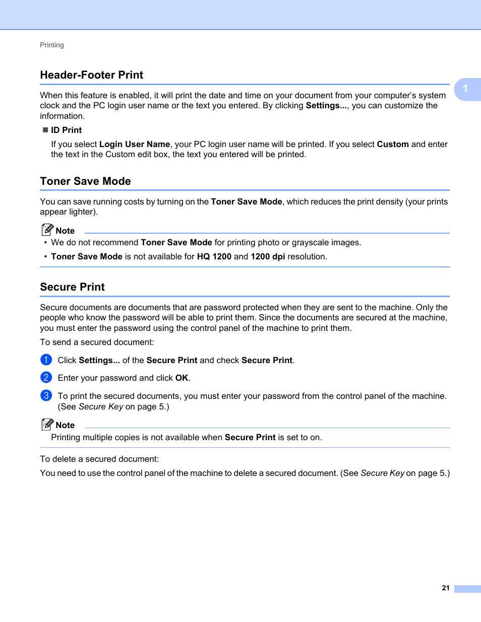 Header-footer print, Toner save mode, Secure print | Header-footer print toner save mode secure print, 1header-footer print | Konica Minolta bizhub 20 User Manual | Page 29 / 227