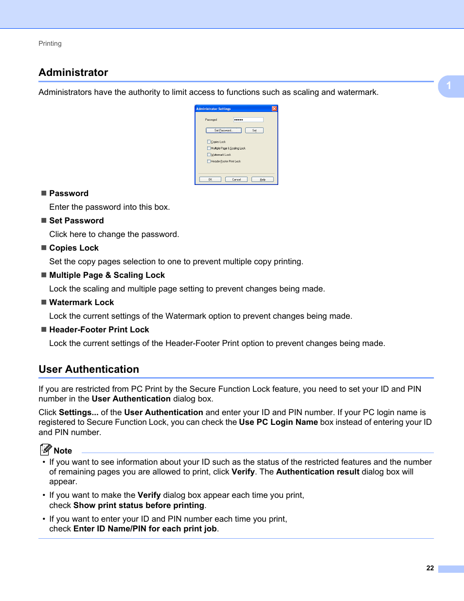 Administrator, User authentication, Administrator user authentication | 1administrator | Konica Minolta bizhub 20 User Manual | Page 30 / 227