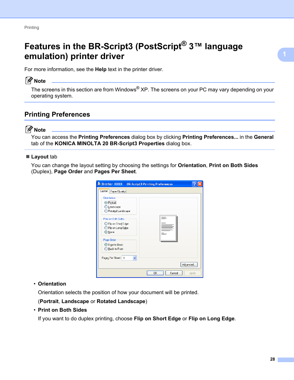 Printing preferences, Features in the br-script3 (postscript, 3™ language emulation) printer driver | Konica Minolta bizhub 20 User Manual | Page 36 / 227