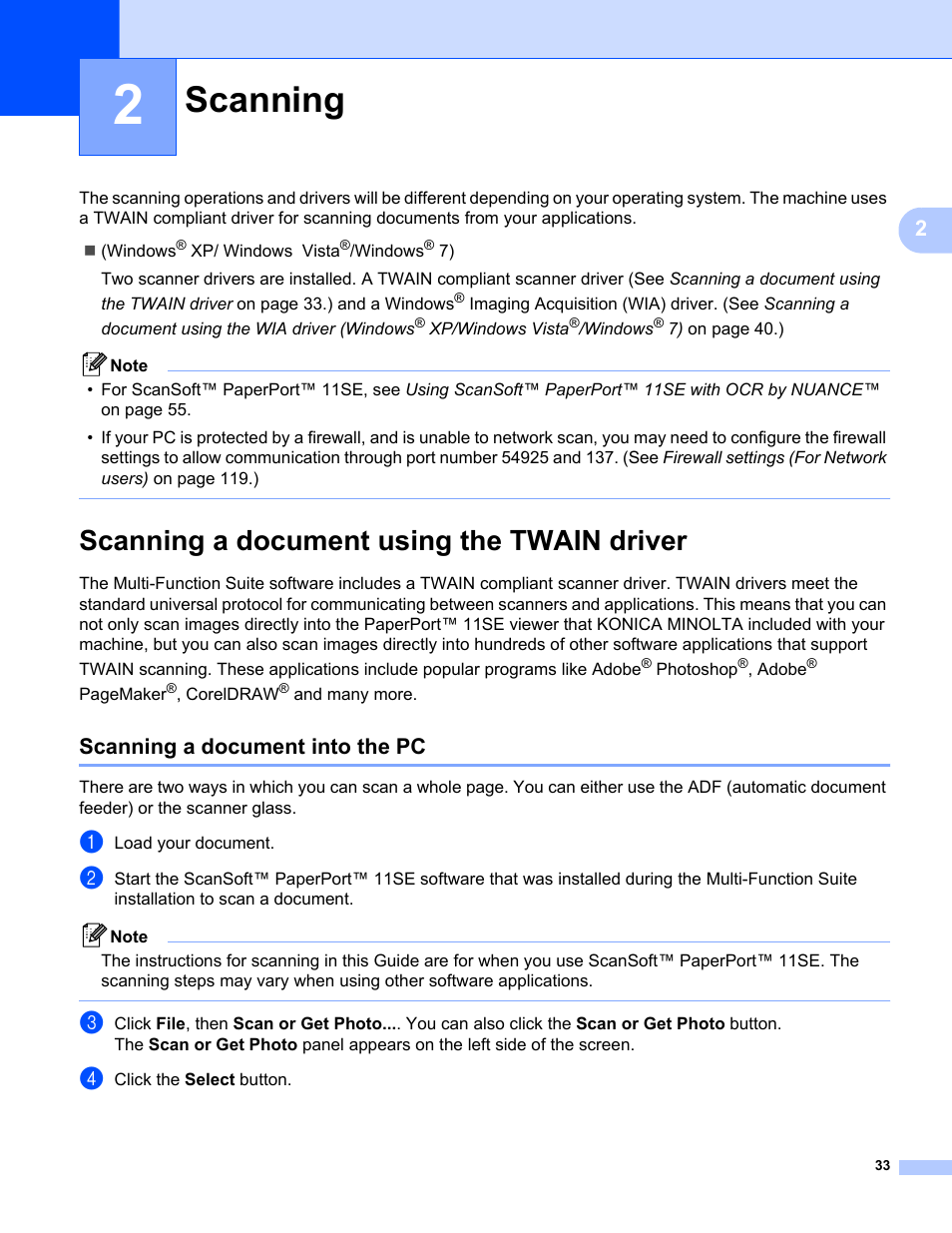 2 scanning, Scanning a document using the twain driver, Scanning a document into the pc | Scanning | Konica Minolta bizhub 20 User Manual | Page 41 / 227