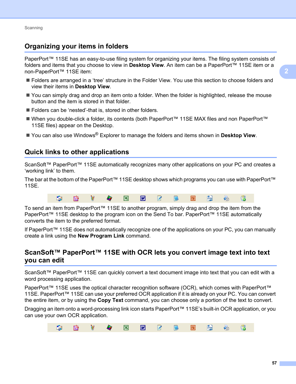 Organizing your items in folders, Quick links to other applications, 2organizing your items in folders | Konica Minolta bizhub 20 User Manual | Page 65 / 227