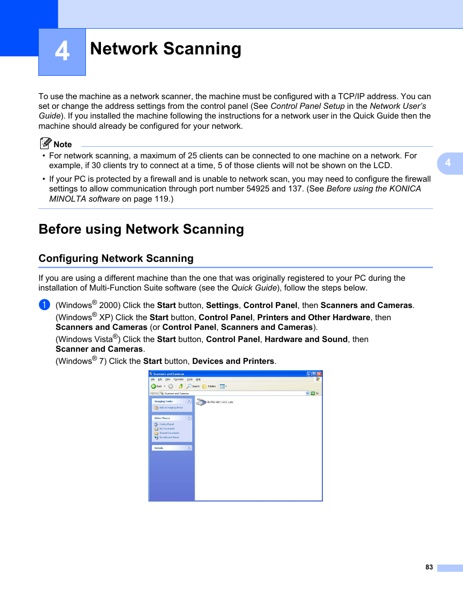 4 network scanning, Before using network scanning, Configuring network scanning | Network scanning | Konica Minolta bizhub 20 User Manual | Page 91 / 227