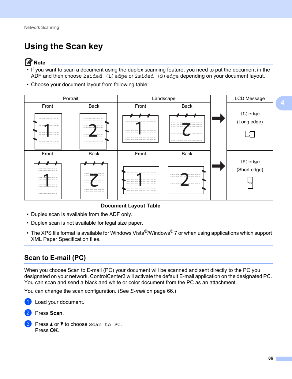 Using the scan key, Scan to e-mail (pc), Windows | Load your document, Press scan, Press a or b to choose scan to pc. press ok | Konica Minolta bizhub 20 User Manual | Page 94 / 227