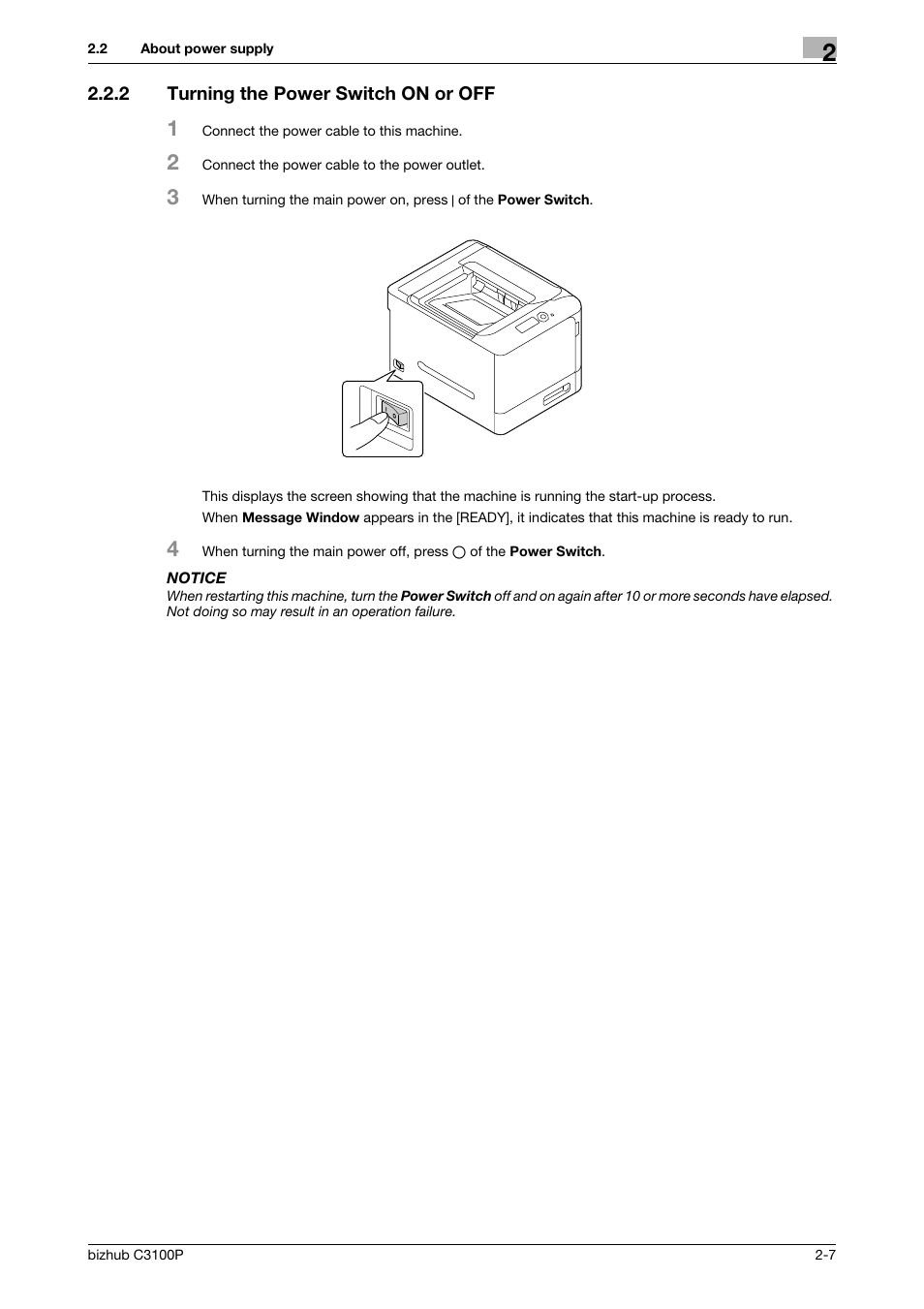 2 turning the power switch on or off, Turning the power switch on or off -7 | Konica Minolta bizhub C3100P User Manual | Page 17 / 48