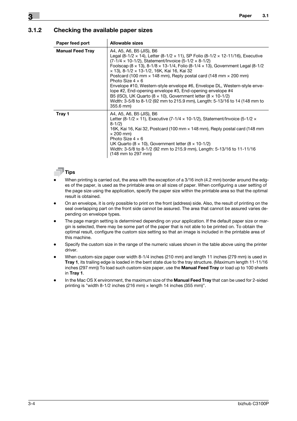 2 checking the available paper sizes, Checking the available paper sizes -4 | Konica Minolta bizhub C3100P User Manual | Page 26 / 48