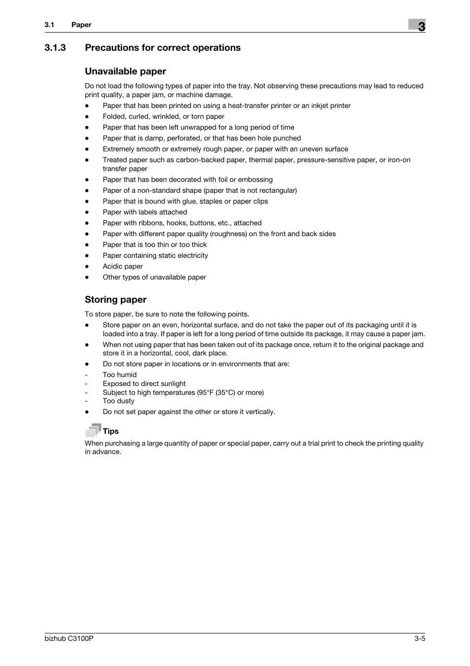 3 precautions for correct operations, Unavailable paper, Storing paper | Konica Minolta bizhub C3100P User Manual | Page 27 / 48