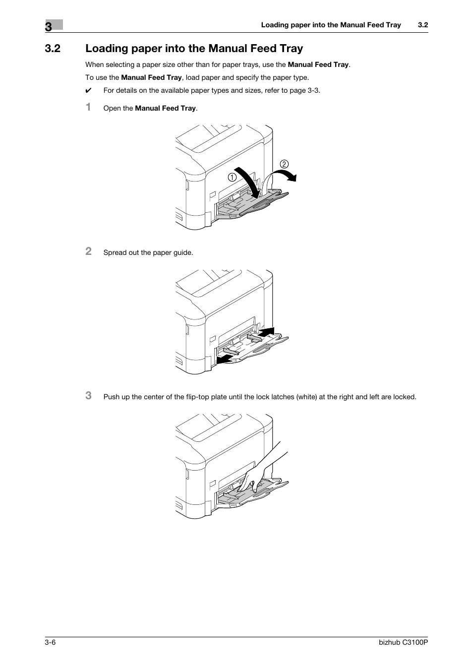 2 loading paper into the manual feed tray, Loading paper into the manual feed tray -6 | Konica Minolta bizhub C3100P User Manual | Page 28 / 48