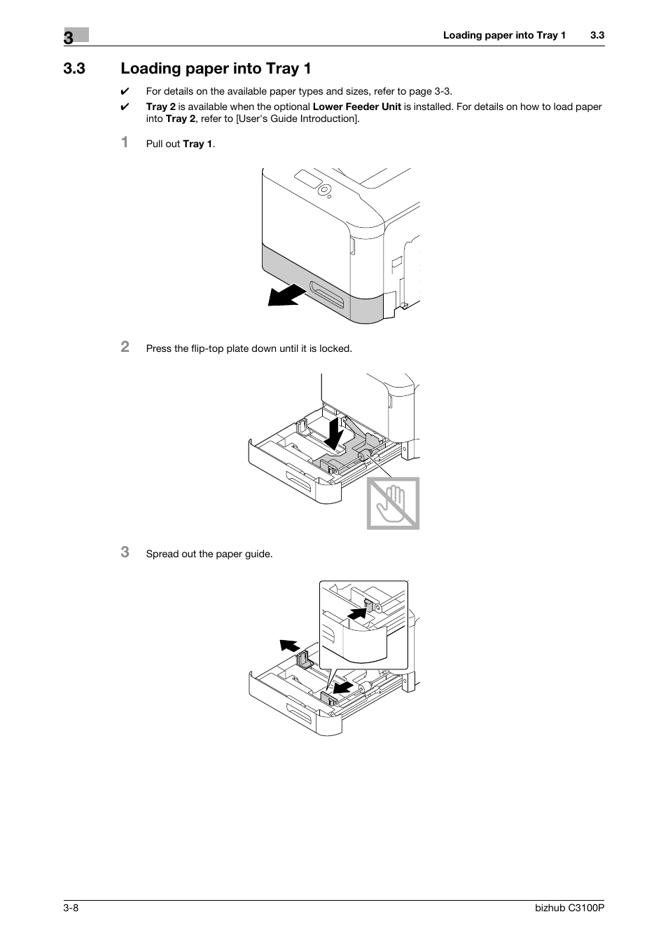 3 loading paper into tray 1, Loading paper into tray 1 -8 | Konica Minolta bizhub C3100P User Manual | Page 30 / 48