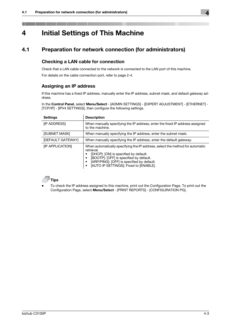 4 initial settings of this machine, Checking a lan cable for connection, Assigning an ip address | Initial settings of this machine, 4initial settings of this machine | Konica Minolta bizhub C3100P User Manual | Page 35 / 48