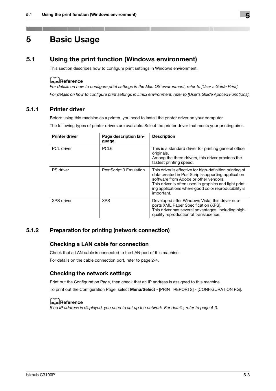 5 basic usage, 1 using the print function (windows environment), 1 printer driver | 2 preparation for printing (network connection), Checking a lan cable for connection, Checking the network settings, Basic usage, Using the print function (windows environment) -3, Printer driver -3, 5basic usage | Konica Minolta bizhub C3100P User Manual | Page 39 / 48