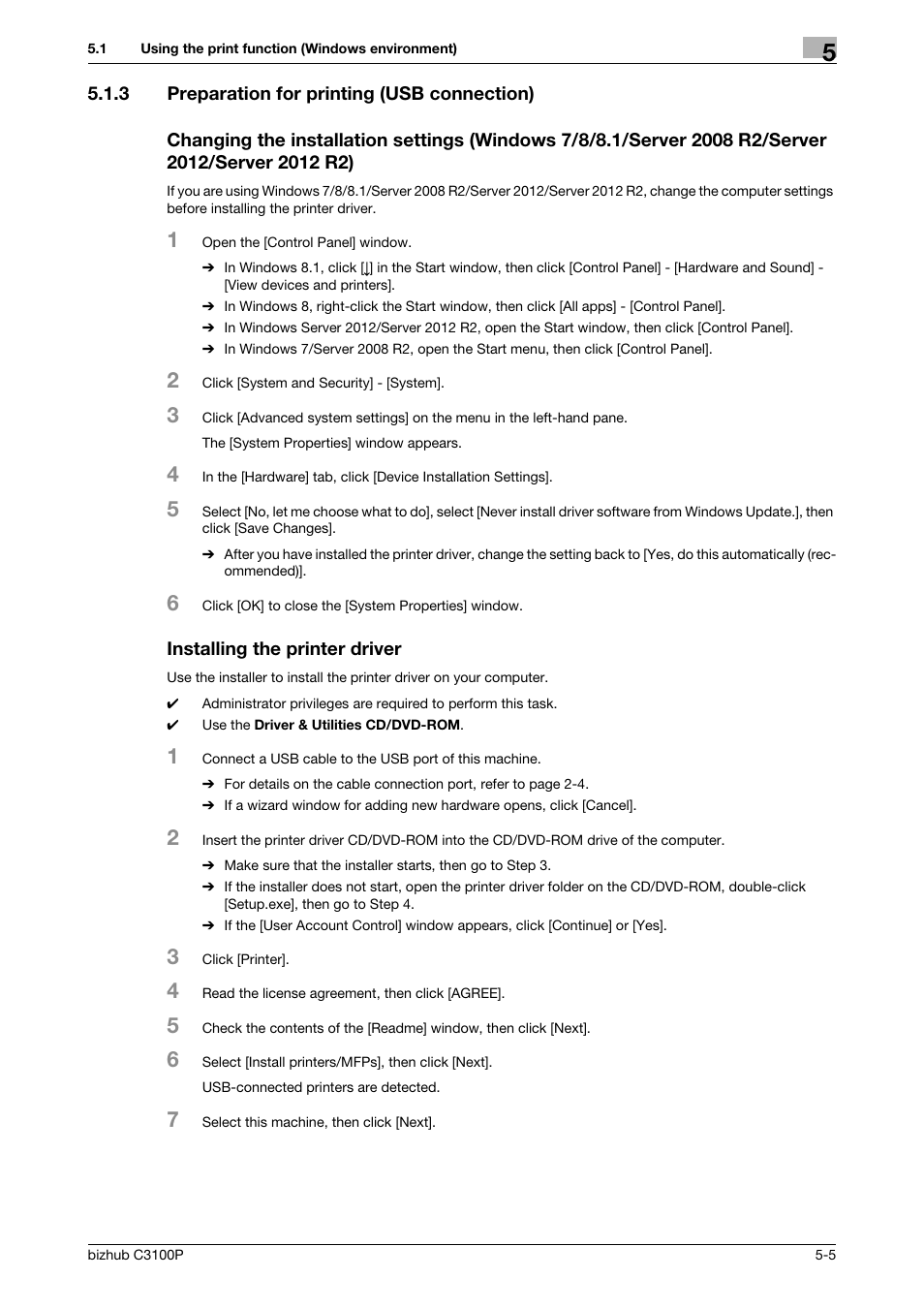 3 preparation for printing (usb connection), Installing the printer driver | Konica Minolta bizhub C3100P User Manual | Page 41 / 48