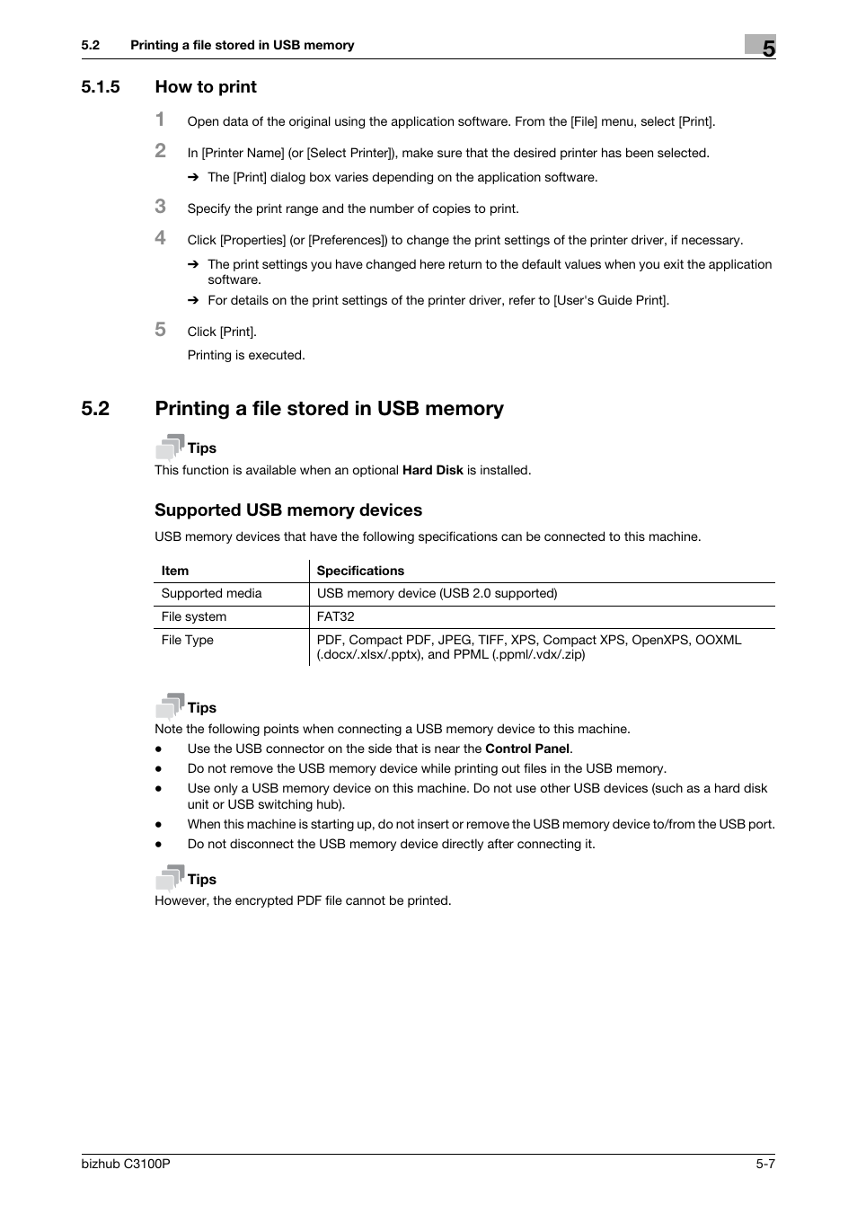 5 how to print, 2 printing a file stored in usb memory, Supported usb memory devices | How to print -7 | Konica Minolta bizhub C3100P User Manual | Page 43 / 48