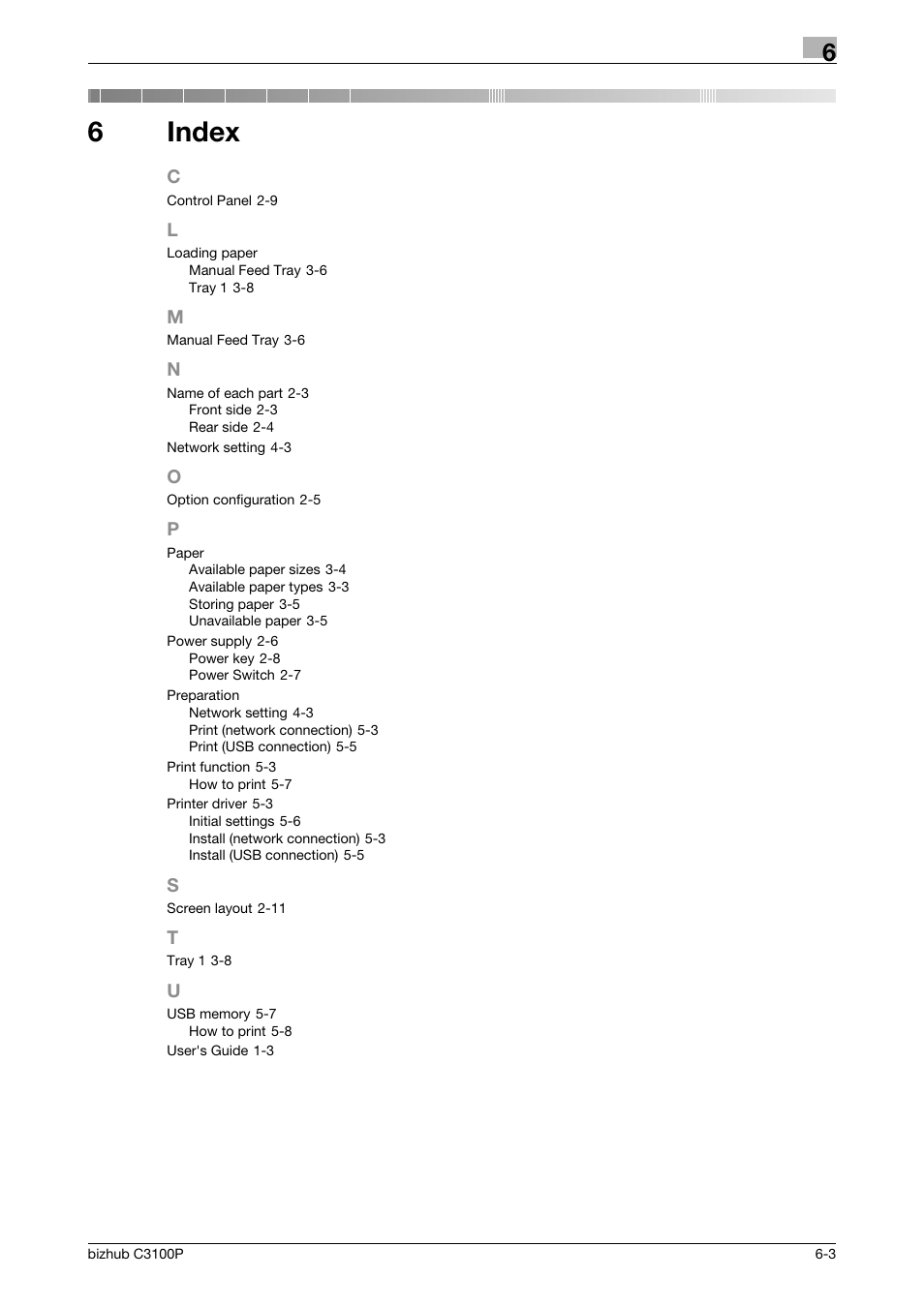 6 index, Index, 6index | Konica Minolta bizhub C3100P User Manual | Page 47 / 48