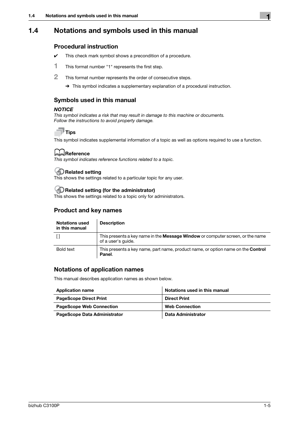 4 notations and symbols used in this manual, Procedural instruction, Symbols used in this manual | Product and key names, Notations of application names | Konica Minolta bizhub C3100P User Manual | Page 9 / 48