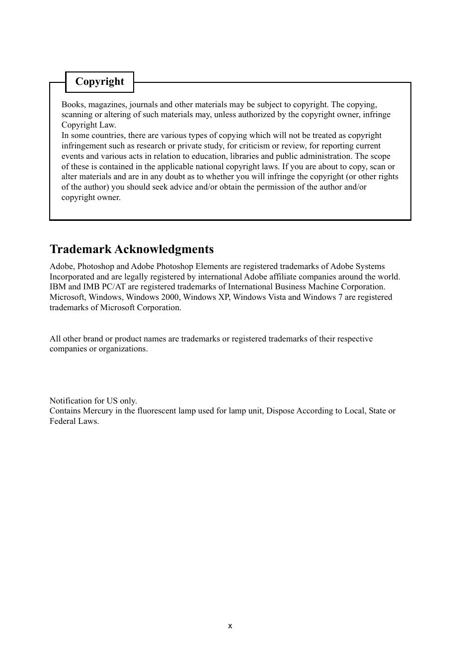 Trademark acknowledgments, Copyright | Konica Minolta PS7000C MKII User Manual | Page 12 / 94