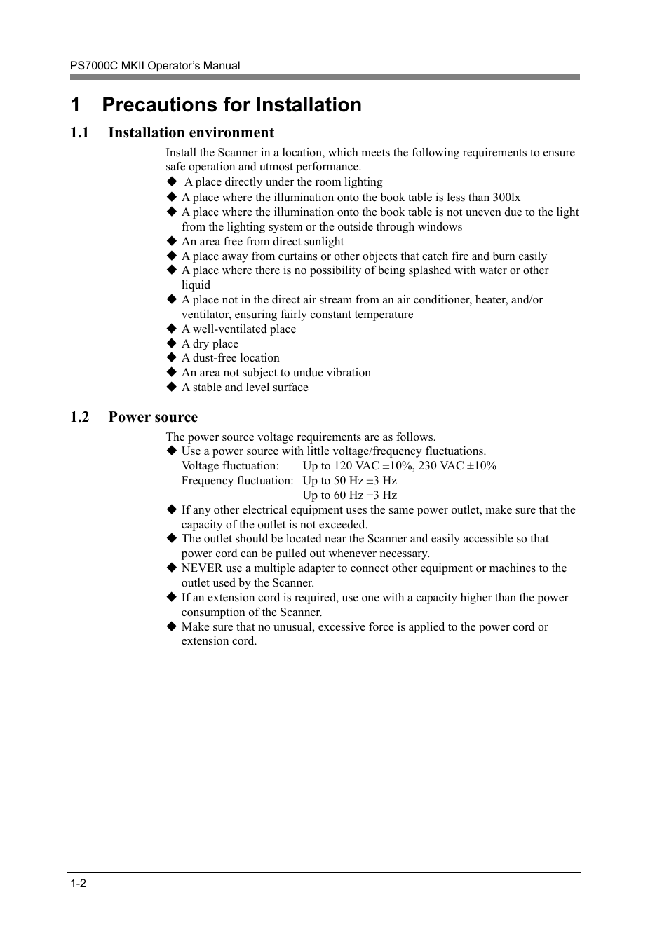 Precautions for installation -2, Installation environment -2, Power source -2 | 1 precautions for installation, 1 installation environment, 2 power source | Konica Minolta PS7000C MKII User Manual | Page 18 / 94
