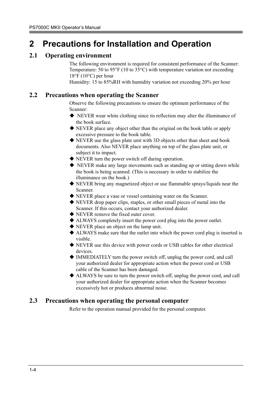 Precautions for installation and operation -4, Operating environment -4, Precautions when operating the scanner -4 | 2 precautions for installation and operation, 1 operating environment, 2 precautions when operating the scanner, 3 precautions when operating the personal computer | Konica Minolta PS7000C MKII User Manual | Page 20 / 94