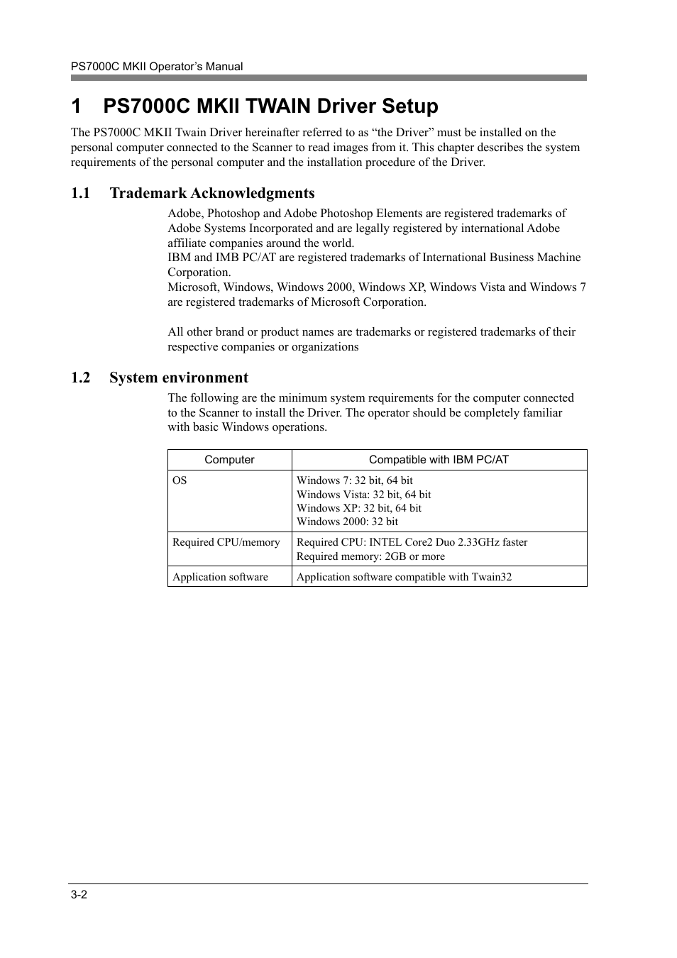 Ps7000c mkll twain driver setup -2, Trademark acknowledgments -2, System environment -2 | 1 trademark acknowledgments, 2 system environment | Konica Minolta PS7000C MKII User Manual | Page 28 / 94