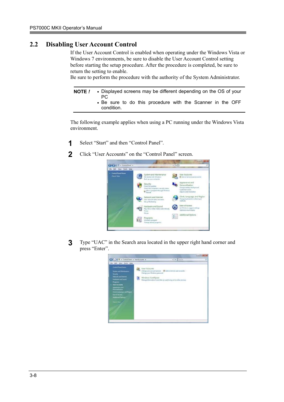 Disabling user account control -8, 2 disabling user account control | Konica Minolta PS7000C MKII User Manual | Page 34 / 94