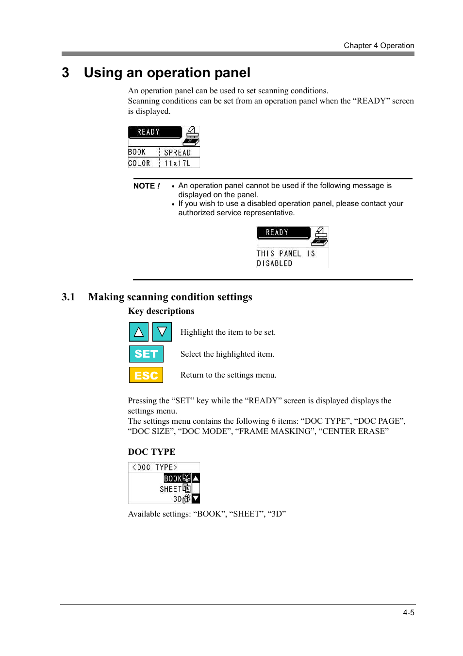 Using an operation panel -5, Making scanning condition settings -5, 3 using an operation panel | 1 making scanning condition settings, Esc set | Konica Minolta PS7000C MKII User Manual | Page 63 / 94