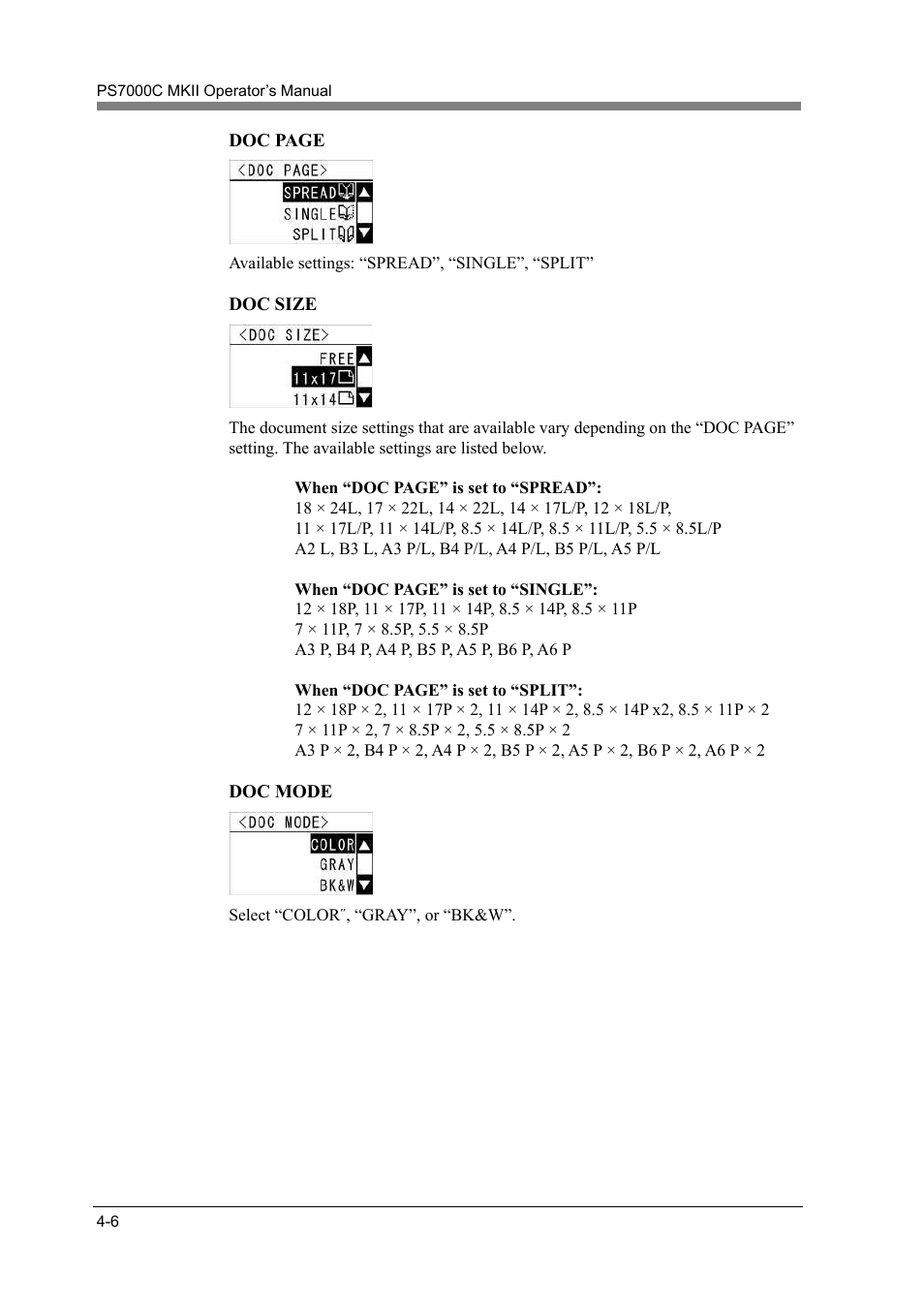 Doc page, Doc size, Doc mode | Konica Minolta PS7000C MKII User Manual | Page 64 / 94