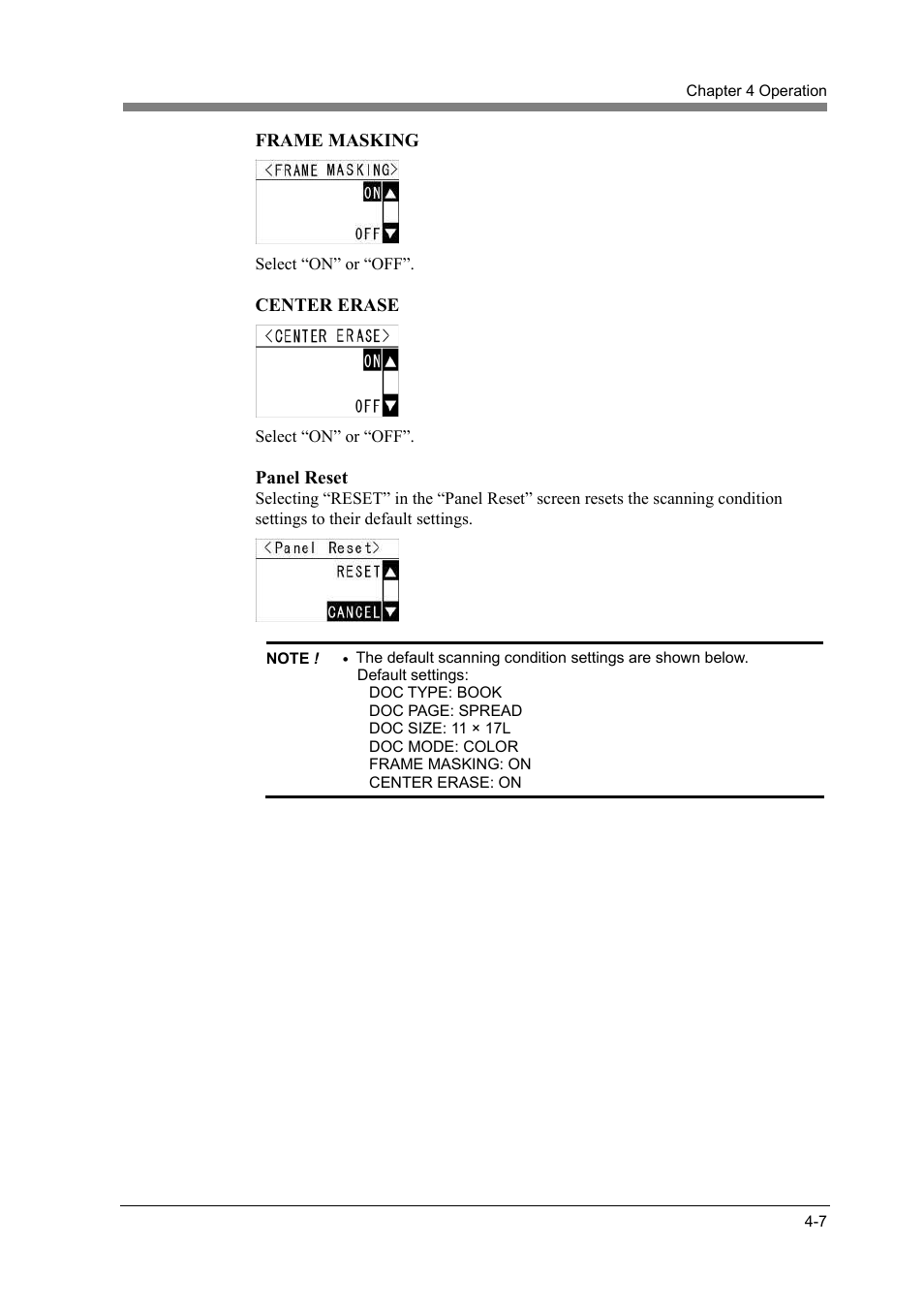 Frame masking, Center erase, Panel reset | Konica Minolta PS7000C MKII User Manual | Page 65 / 94