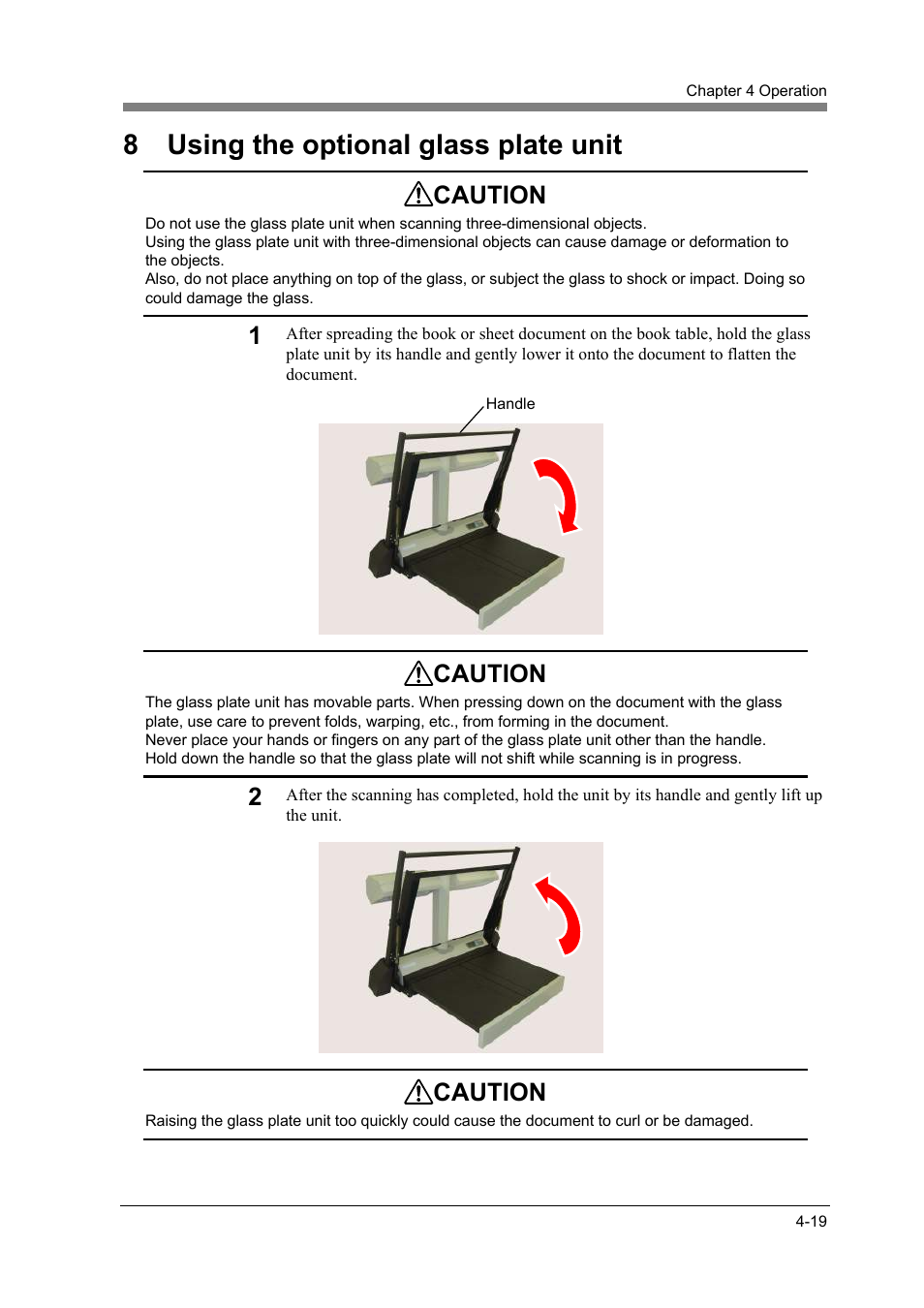 Using the optional glass plate unit -19, 8 using the optional glass plate unit, Caution | Konica Minolta PS7000C MKII User Manual | Page 77 / 94