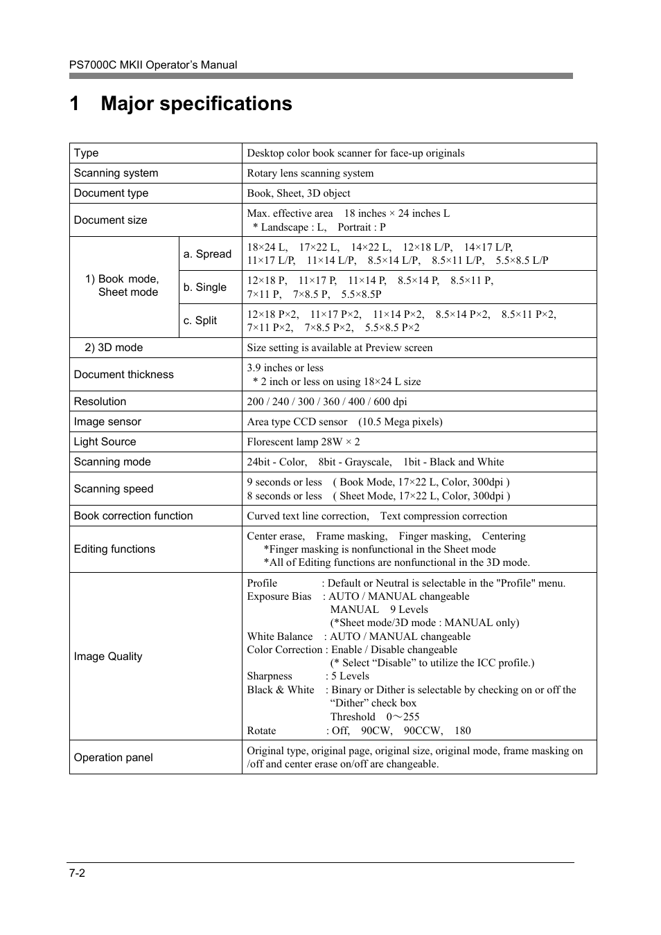 Major specifications -2, 1 major specifications | Konica Minolta PS7000C MKII User Manual | Page 88 / 94