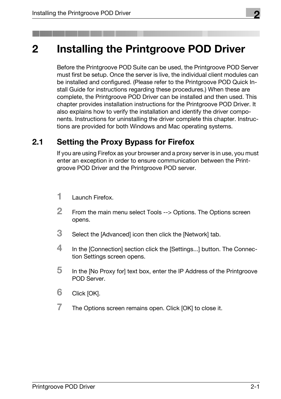 2 installing the printgroove pod driver, 1 setting the proxy bypass for firefox, Installing the printgroove pod driver | Setting the proxy bypass for firefox -1, 2installing the printgroove pod driver | Konica Minolta Printgroove User Manual | Page 10 / 48