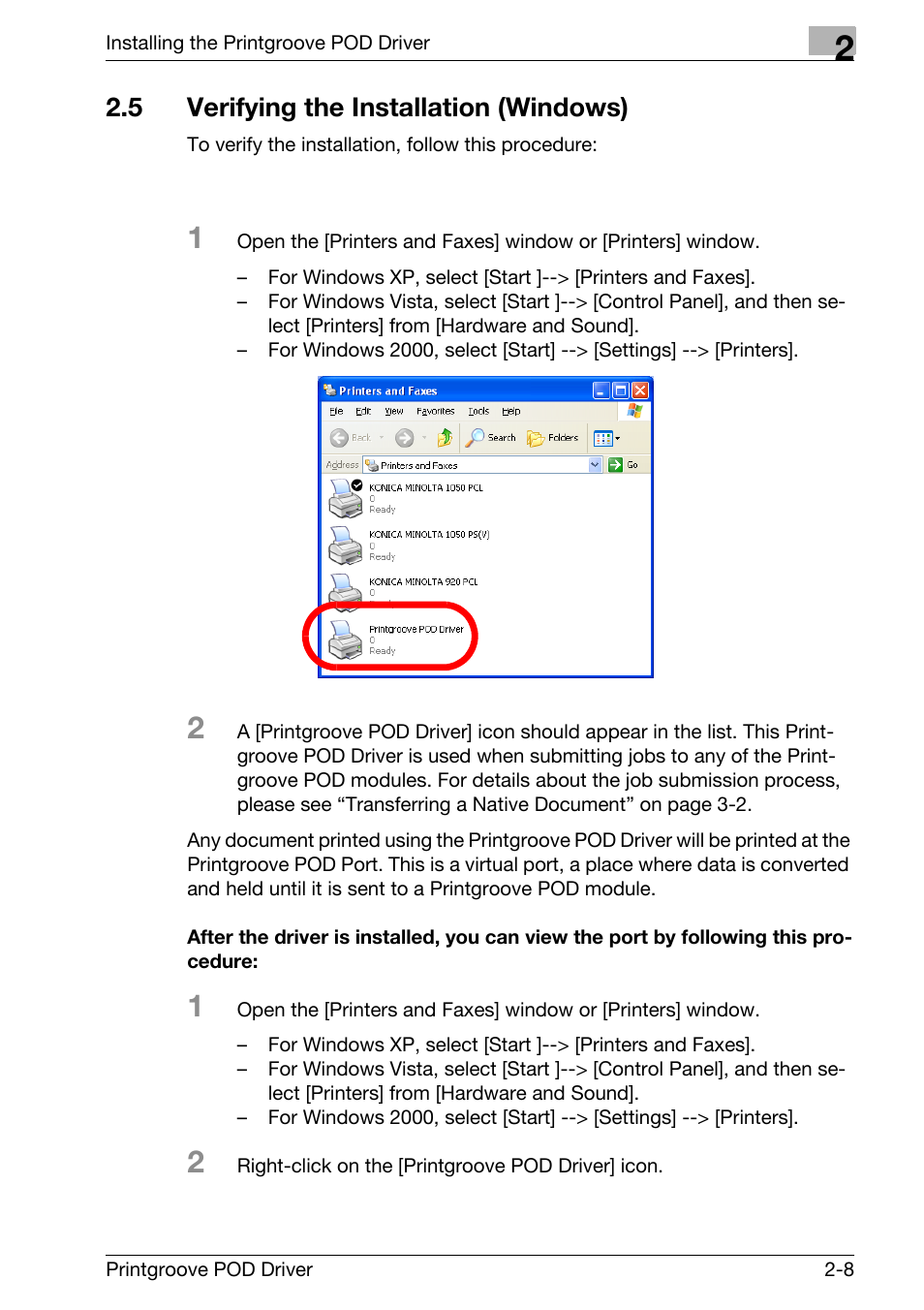 5 verifying the installation (windows), Verifying the installation (windows) -8 | Konica Minolta Printgroove User Manual | Page 17 / 48