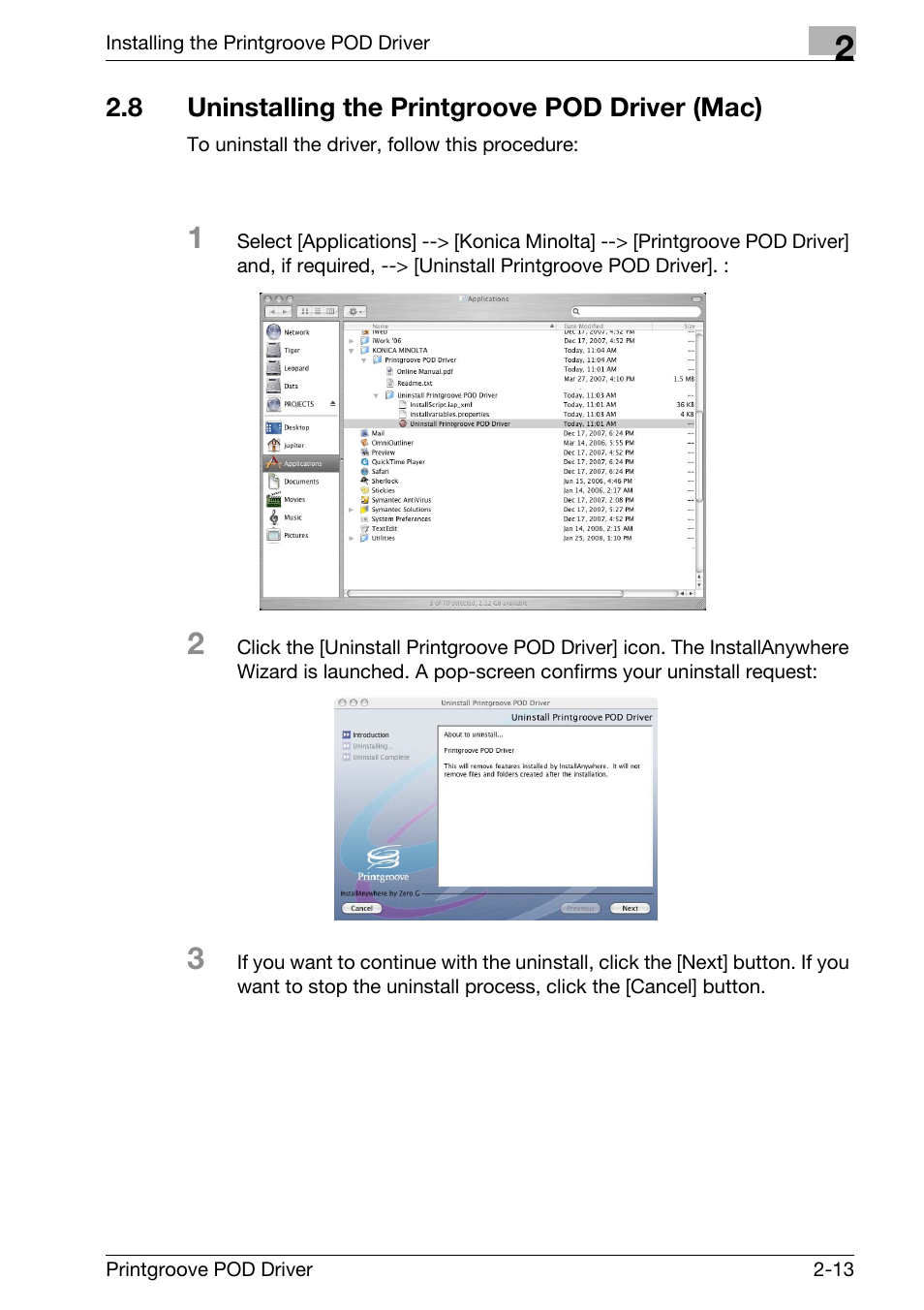 8 uninstalling the printgroove pod driver (mac), Uninstalling the printgroove pod driver (mac) -13 | Konica Minolta Printgroove User Manual | Page 22 / 48