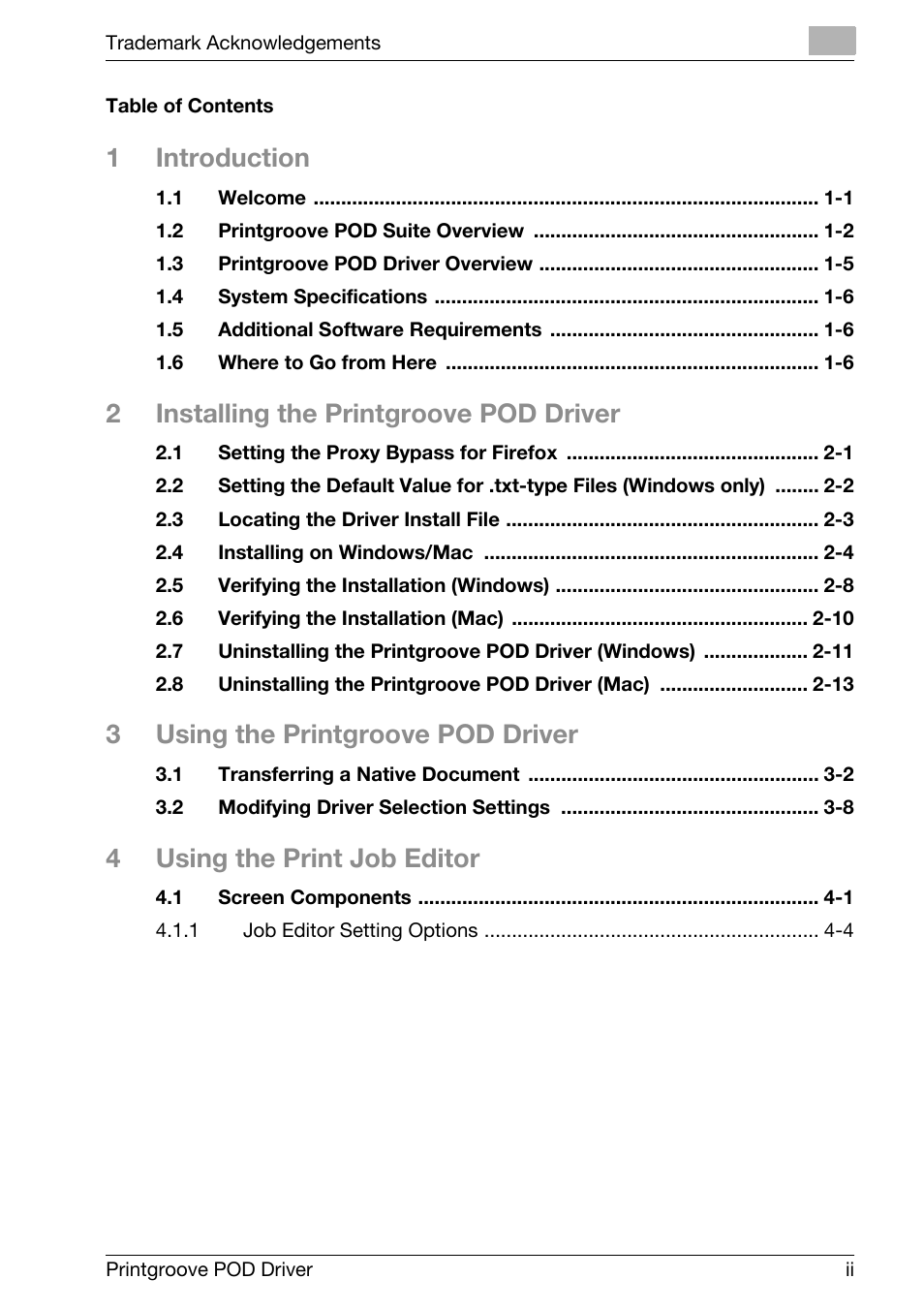 1introduction, 2installing the printgroove pod driver, 3using the printgroove pod driver | 4using the print job editor | Konica Minolta Printgroove User Manual | Page 3 / 48