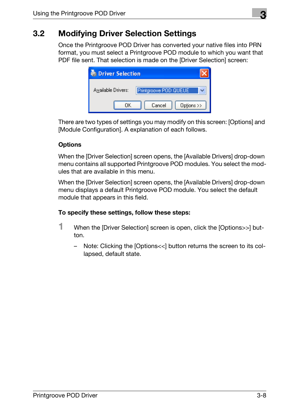 2 modifying driver selection settings, Modifying driver selection settings -8 | Konica Minolta Printgroove User Manual | Page 31 / 48