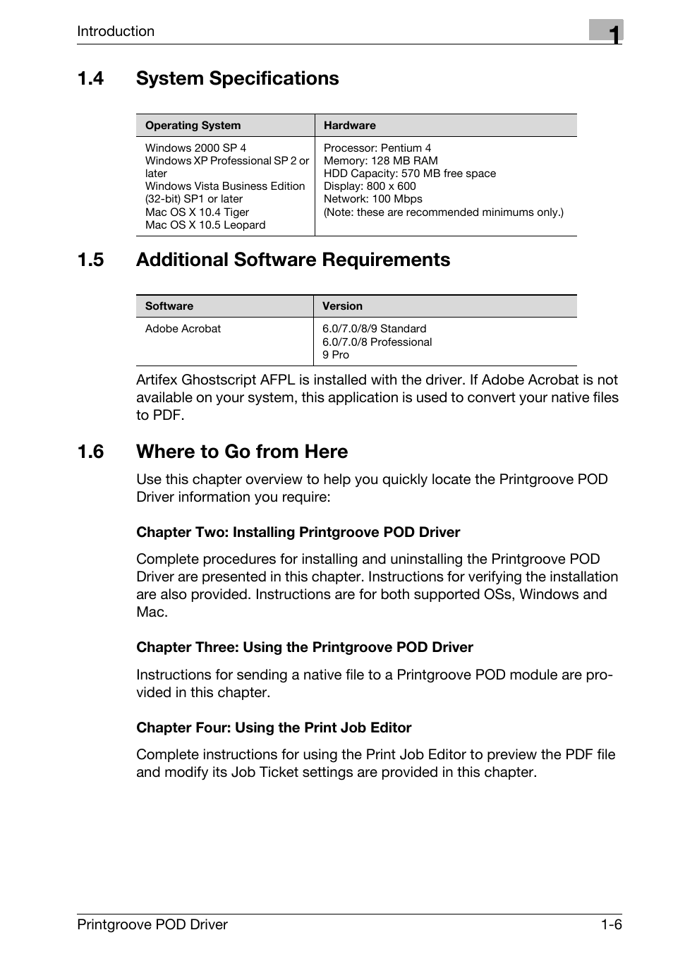 4 system specifications, 5 additional software requirements, 6 where to go from here | System specifications -6, Additional software requirements -6, Where to go from here -6 | Konica Minolta Printgroove User Manual | Page 9 / 48