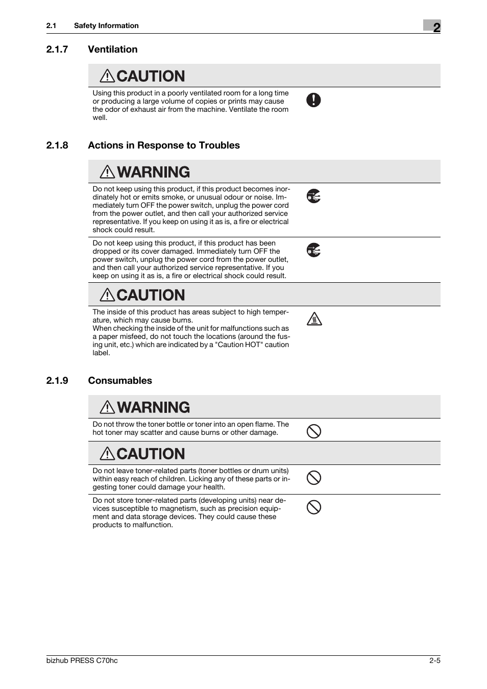 7 ventilation, 8 actions in response to troubles, 9 consumables | Ventilation -5, Actions in response to troubles -5, Consumables -5 | Konica Minolta bizhub PRESS C70hc User Manual | Page 11 / 44