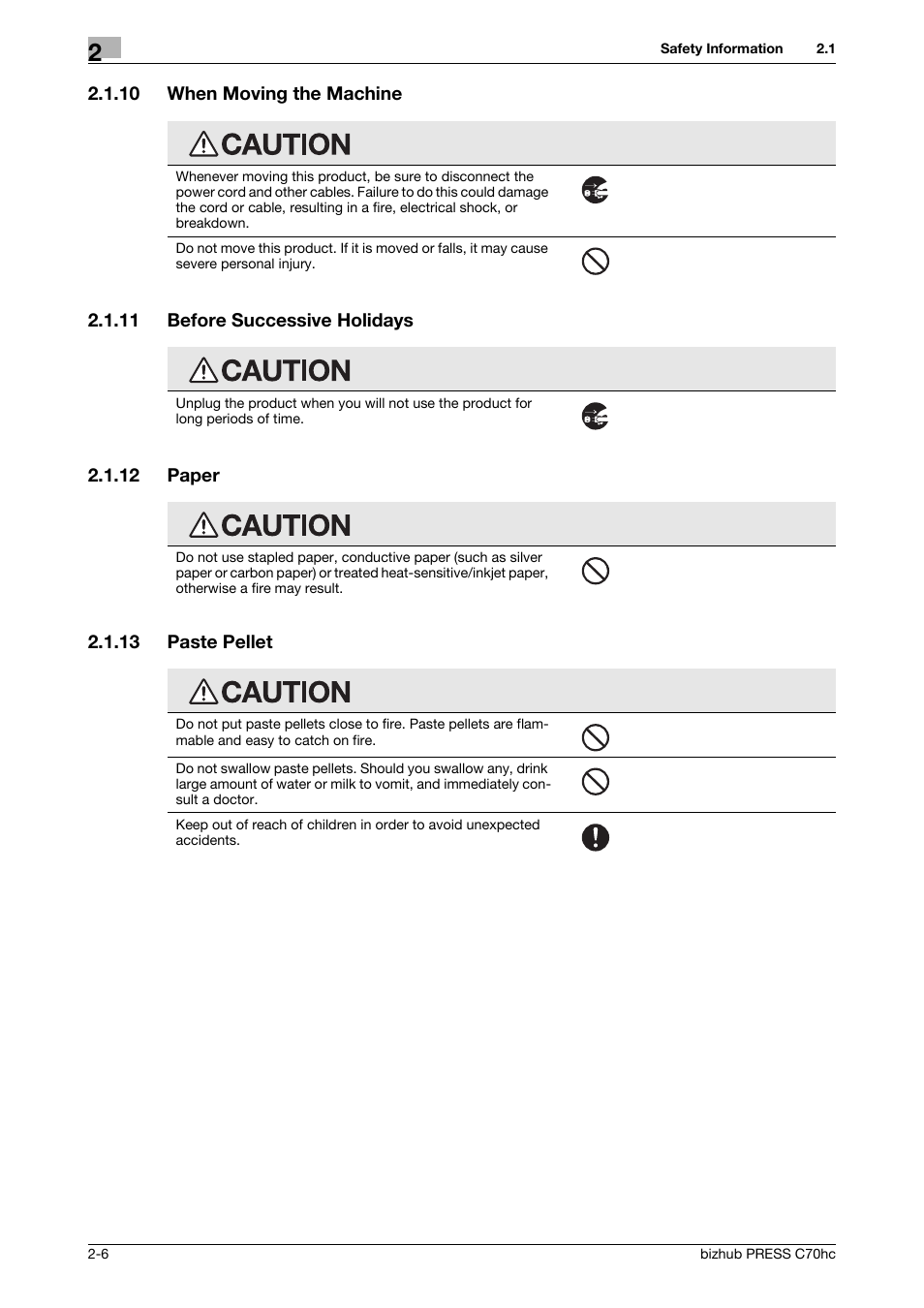 10 when moving the machine, 11 before successive holidays, 12 paper | 13 paste pellet, When moving the machine -6, Before successive holidays -6, Paper -6, Paste pellet -6 | Konica Minolta bizhub PRESS C70hc User Manual | Page 12 / 44
