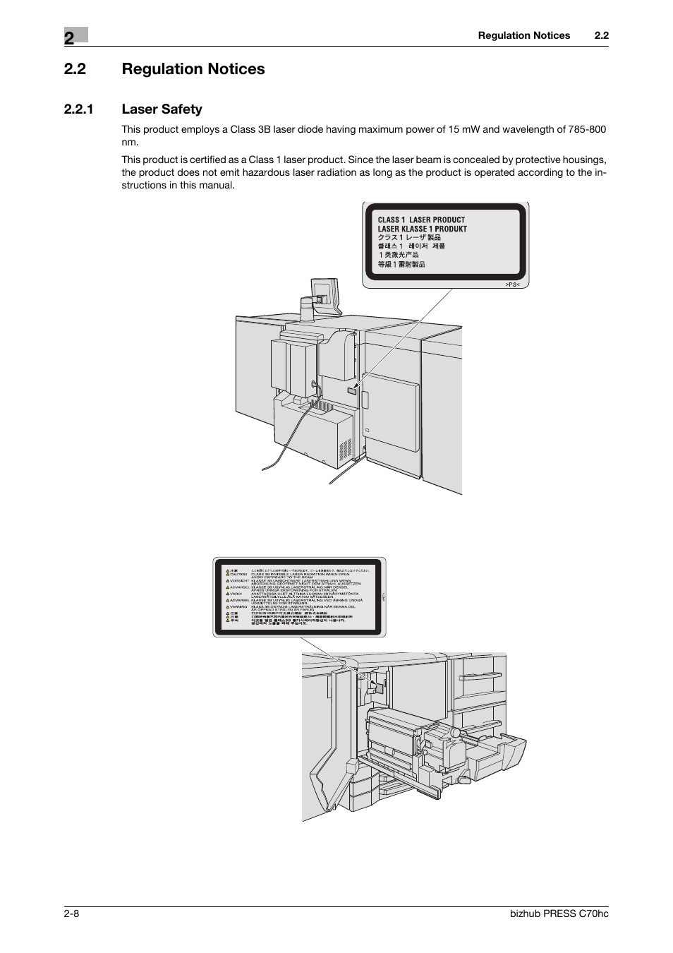 2 regulation notices, 1 laser safety, Regulation notices -8 | Laser safety -8 | Konica Minolta bizhub PRESS C70hc User Manual | Page 14 / 44