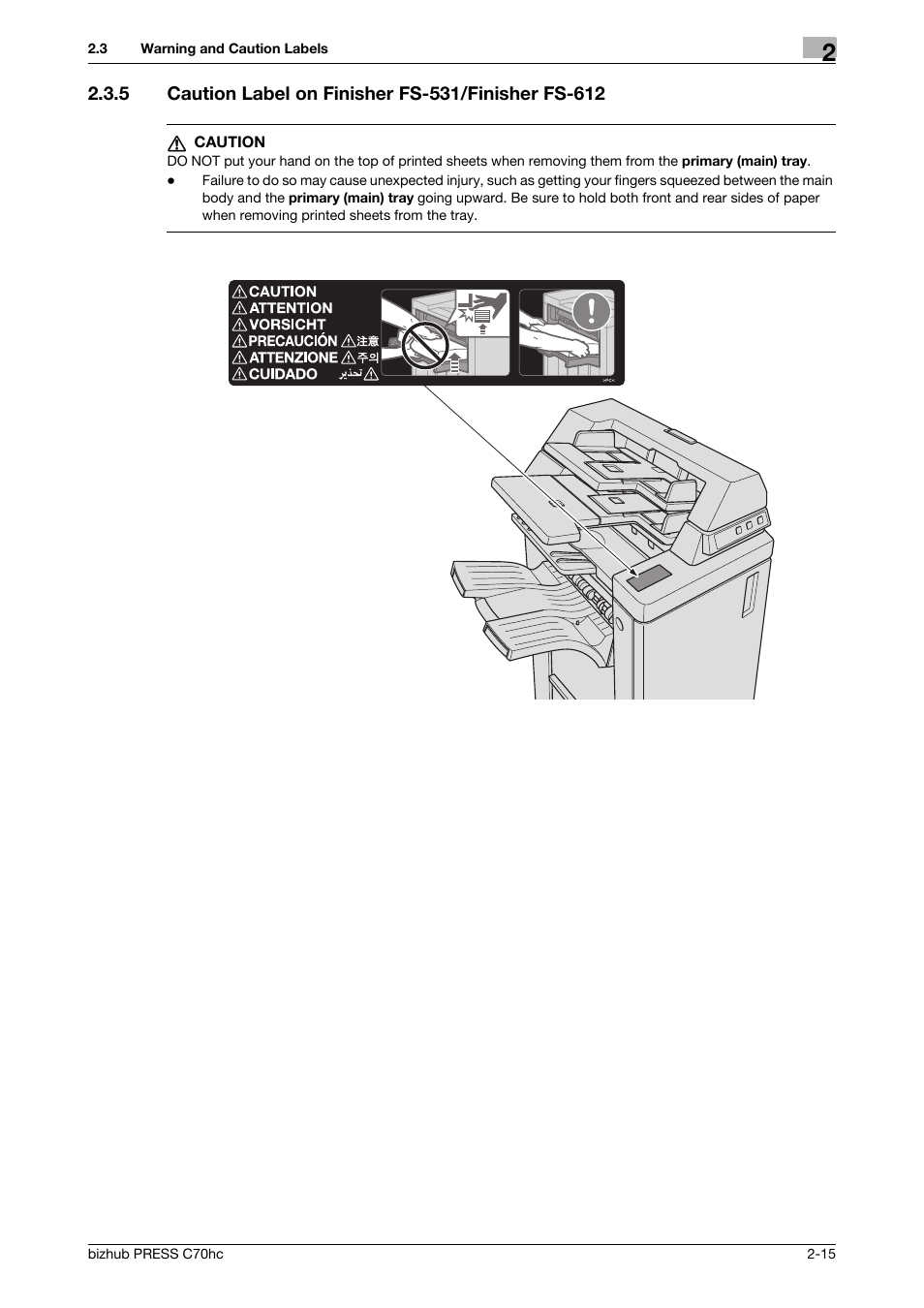 5 caution label on finisher fs-531/finisher fs-612 | Konica Minolta bizhub PRESS C70hc User Manual | Page 21 / 44