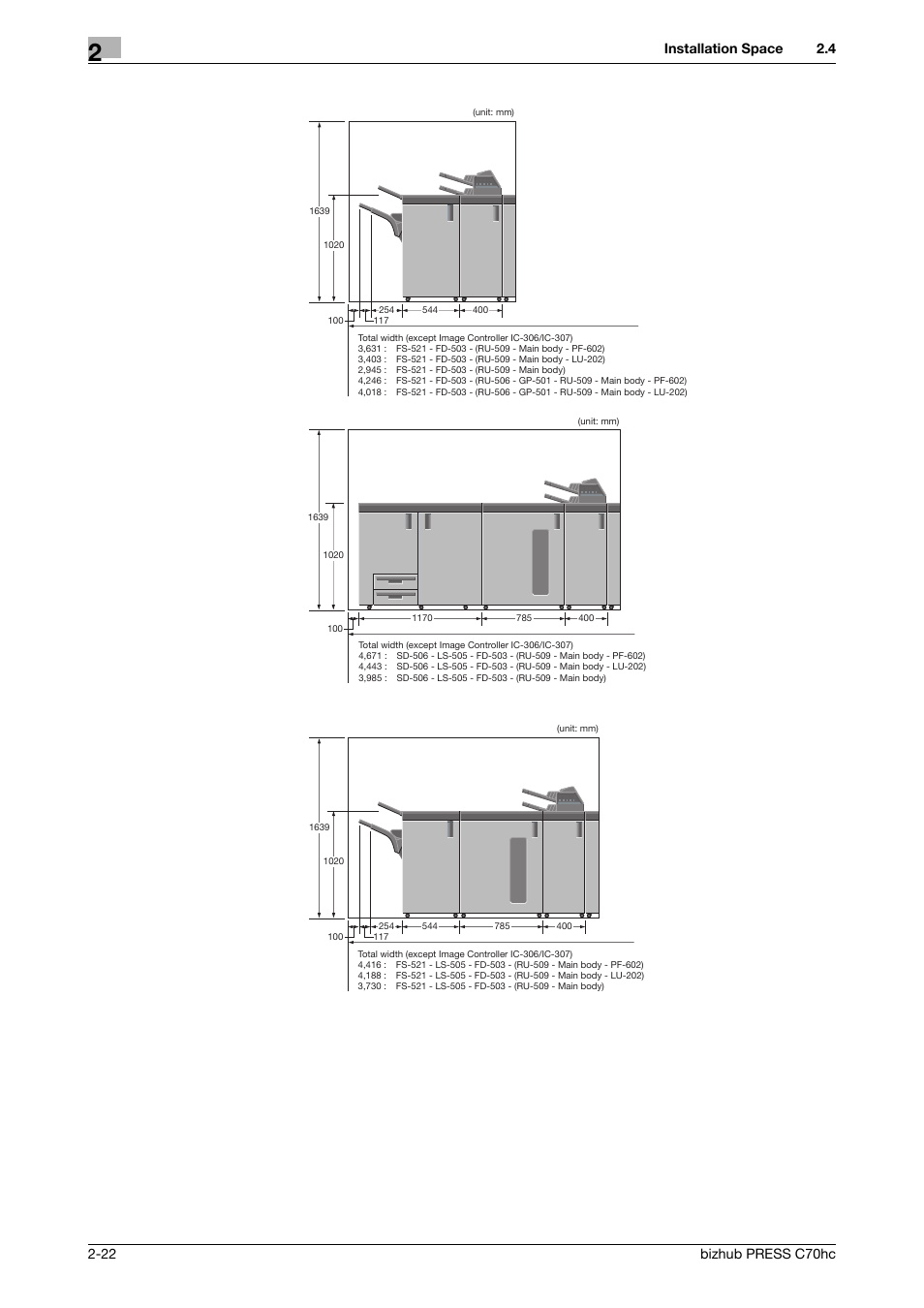 Installation space | Konica Minolta bizhub PRESS C70hc User Manual | Page 28 / 44