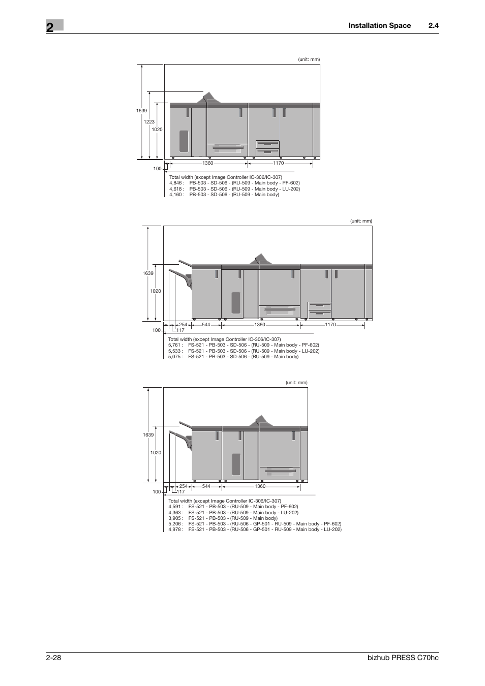 Installation space | Konica Minolta bizhub PRESS C70hc User Manual | Page 34 / 44