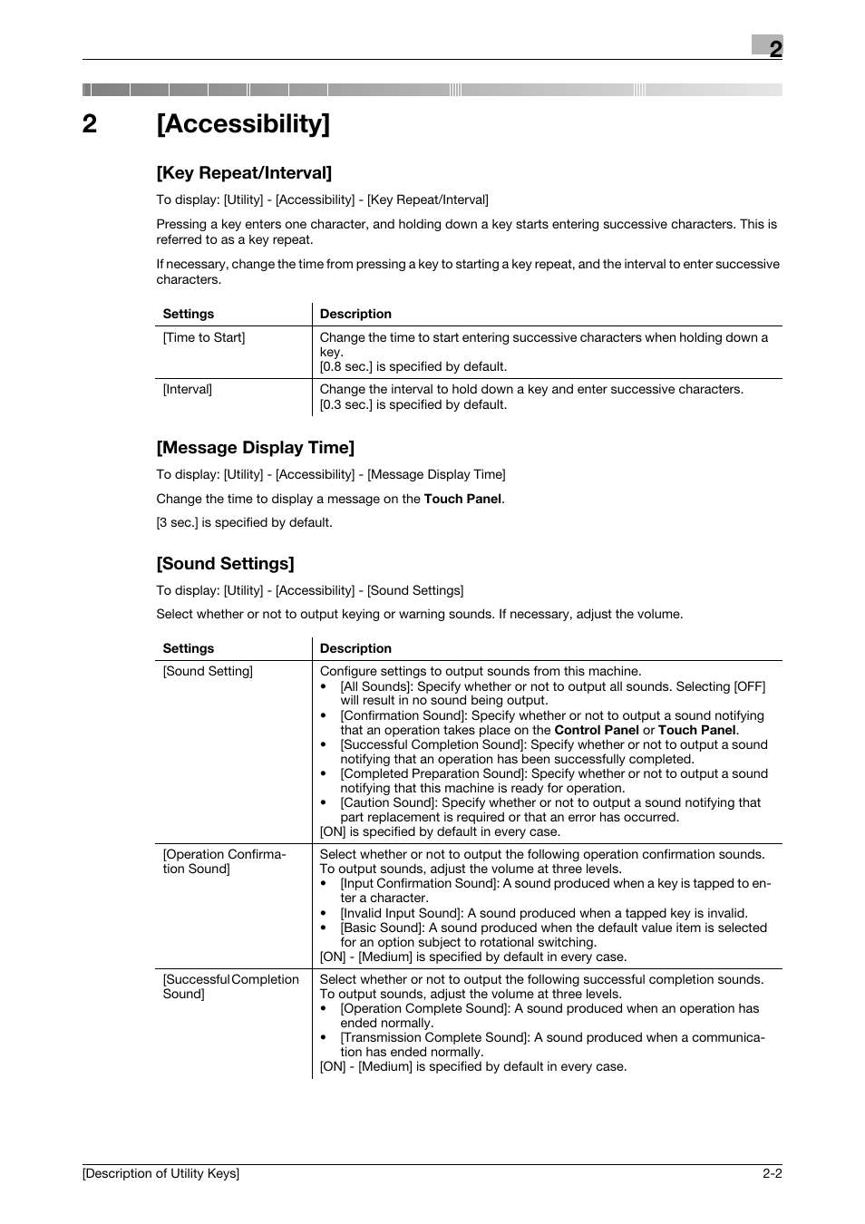 2 [accessibility, Key repeat/interval, Message display time | Sound settings, Accessibility, 2[accessibility | Konica Minolta bizhub C3850 User Manual | Page 10 / 67