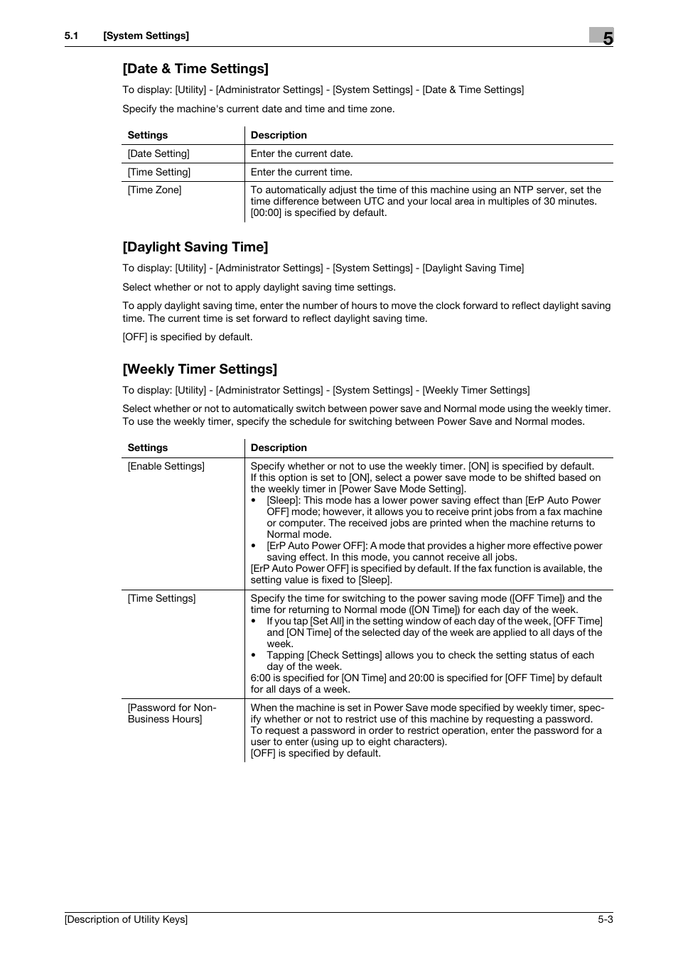 Date & time settings, Daylight saving time, Weekly timer settings | Konica Minolta bizhub C3850 User Manual | Page 31 / 67