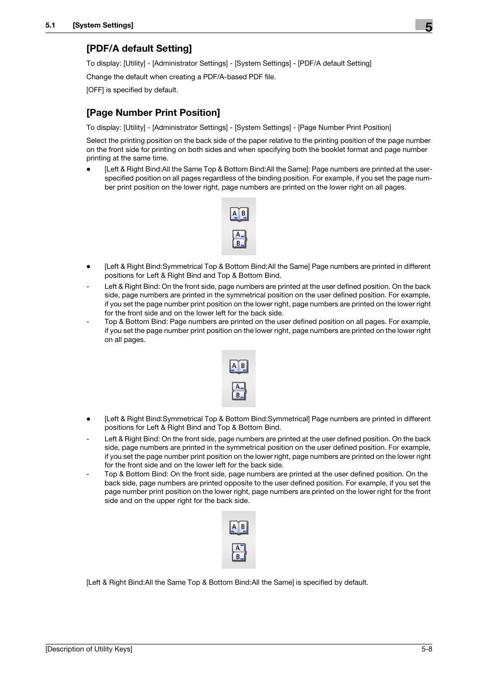 Pdf/a default setting, Page number print position | Konica Minolta bizhub C3850 User Manual | Page 36 / 67