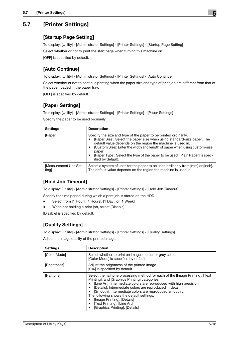 7 [printer settings, Auto continue, Paper settings | Hold job timeout, Quality settings, Startup page setting | Konica Minolta bizhub C3850 User Manual | Page 46 / 67