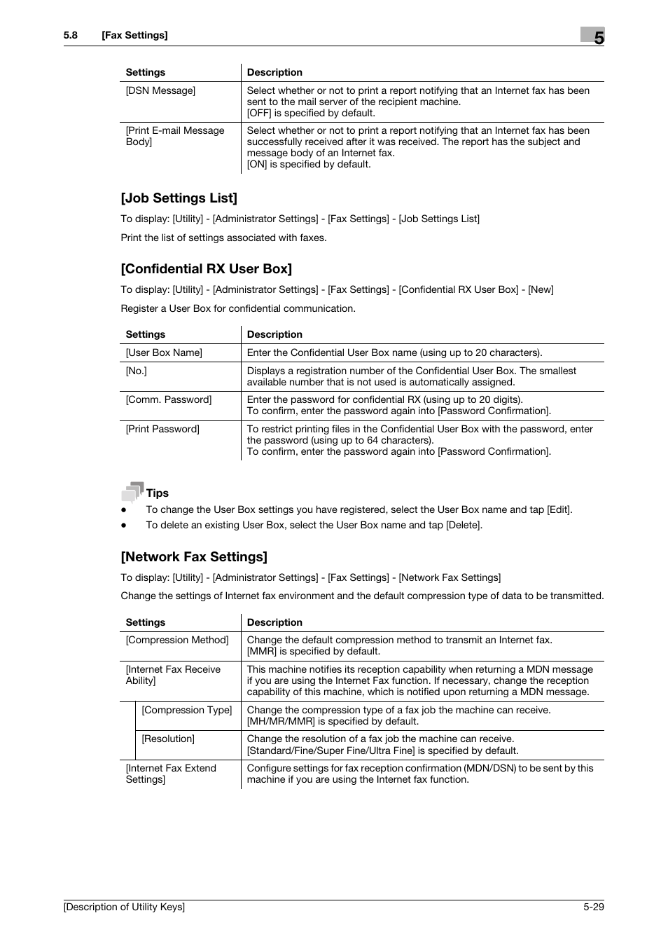 Job settings list, Confidential rx user box, Network fax settings | Konica Minolta bizhub C3850 User Manual | Page 57 / 67