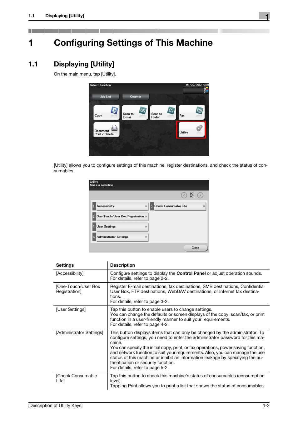 1 configuring settings of this machine, 1 displaying [utility, Configuring settings of this machine | Displaying [utility] -2, 1configuring settings of this machine | Konica Minolta bizhub C3850 User Manual | Page 6 / 67