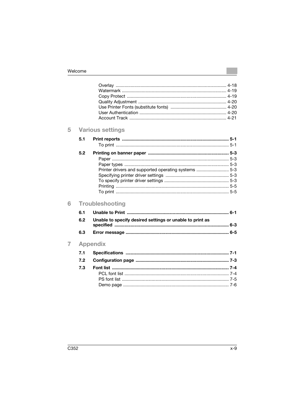 5various settings, 6troubleshooting, 7appendix | Konica Minolta bizhub C352 User Manual | Page 10 / 96