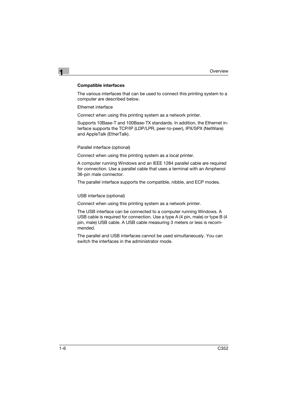 Compatible interfaces, Compatible interfaces -6 | Konica Minolta bizhub C352 User Manual | Page 19 / 96